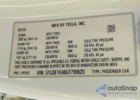 2020 Tesla Model 3 Standard Range Plus Rear-Wheel Drive/Standard Range Rear-Wheel Drive из США, поврежденный, VIN 5YJ3E1EA6LF799620